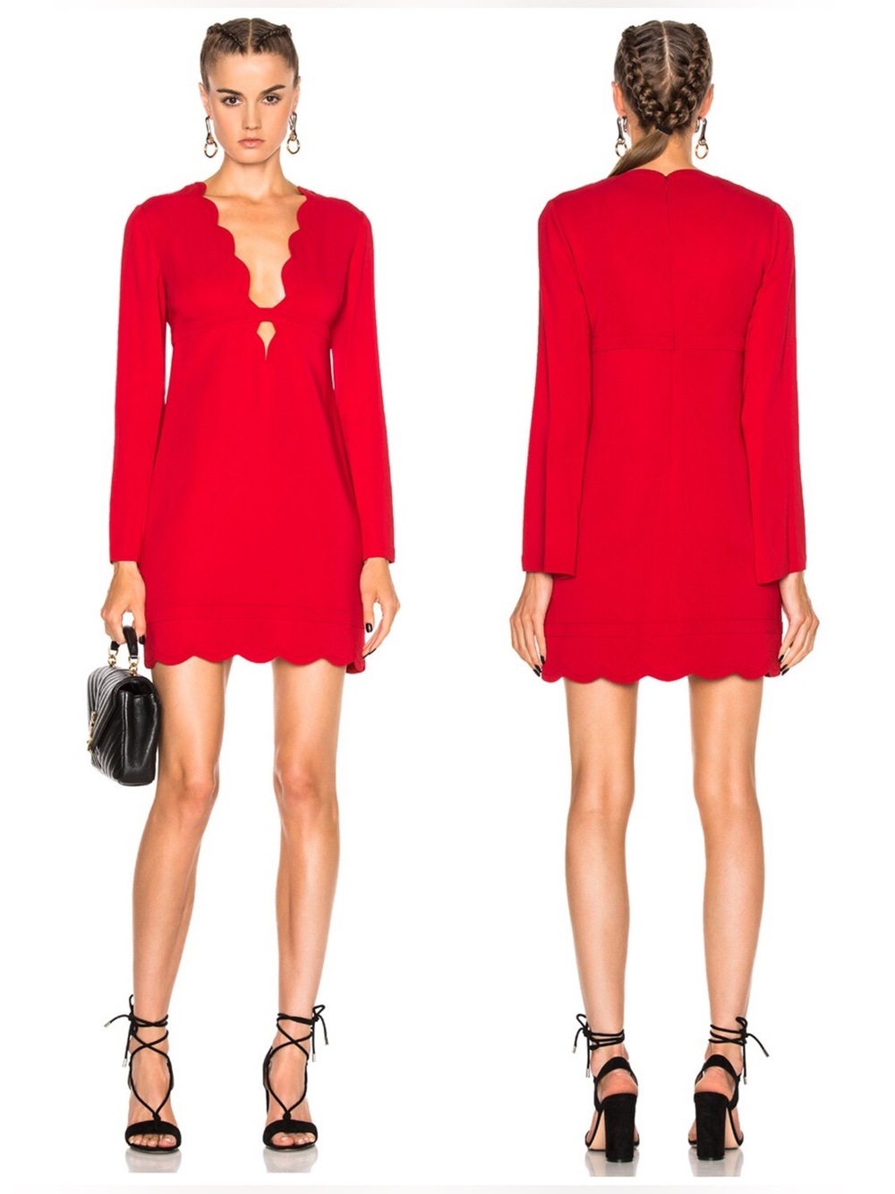 A.L.C. Eve Crimson Red Scalloped V‑Cut Long‑Sleeve Mini Dress NWOT $495